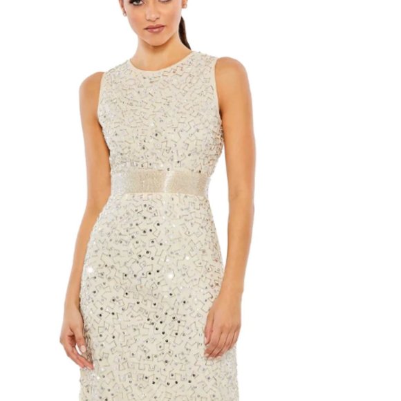 MAC DUGGAL GEOMETRIC EMBELLISHED SLEEVELESS A-LINE NUDE SILVER DRESS sz 8 - Picture 2 of 6